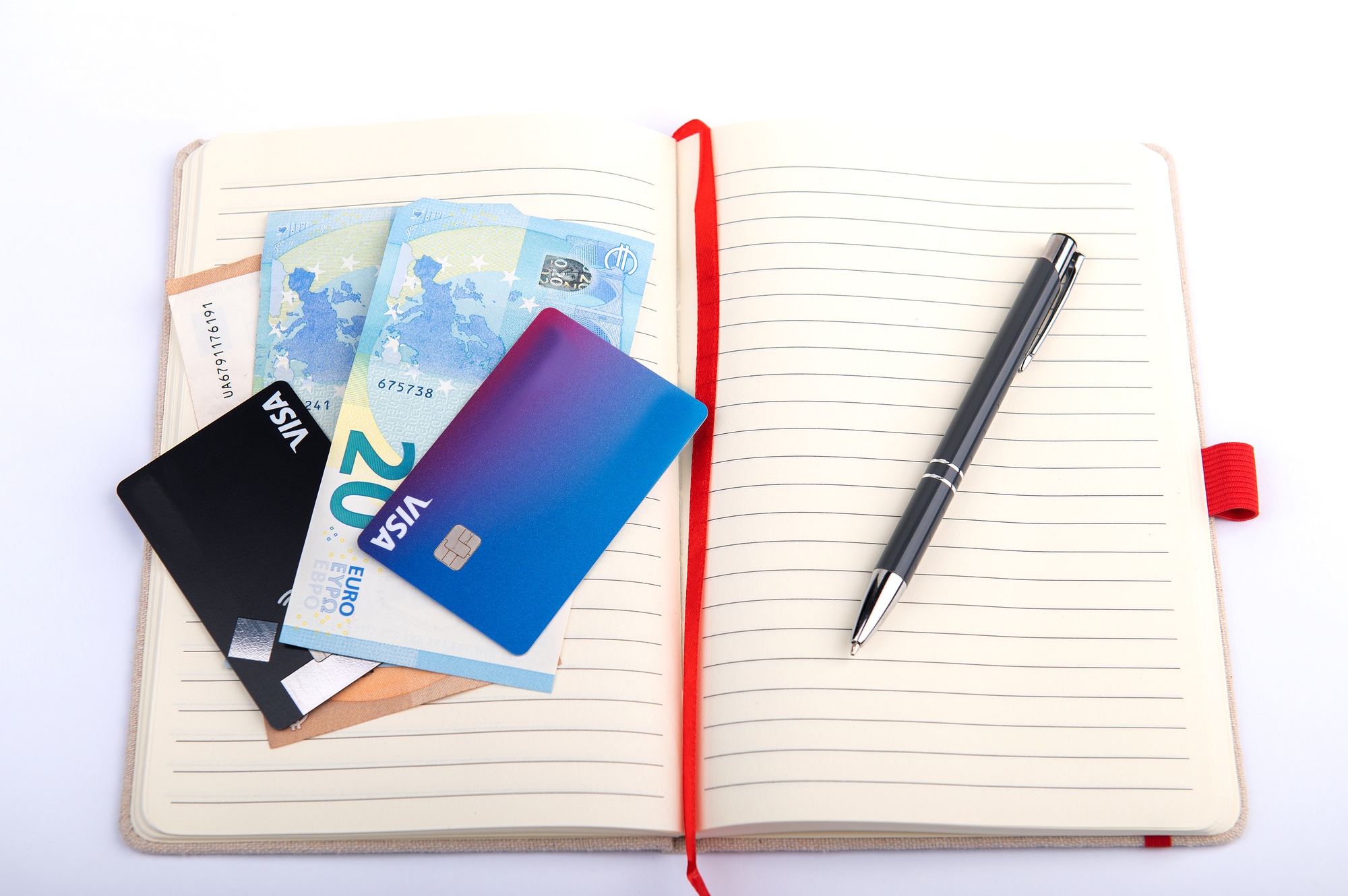 money, credit card, pen on an open planner, financial analytics concept,